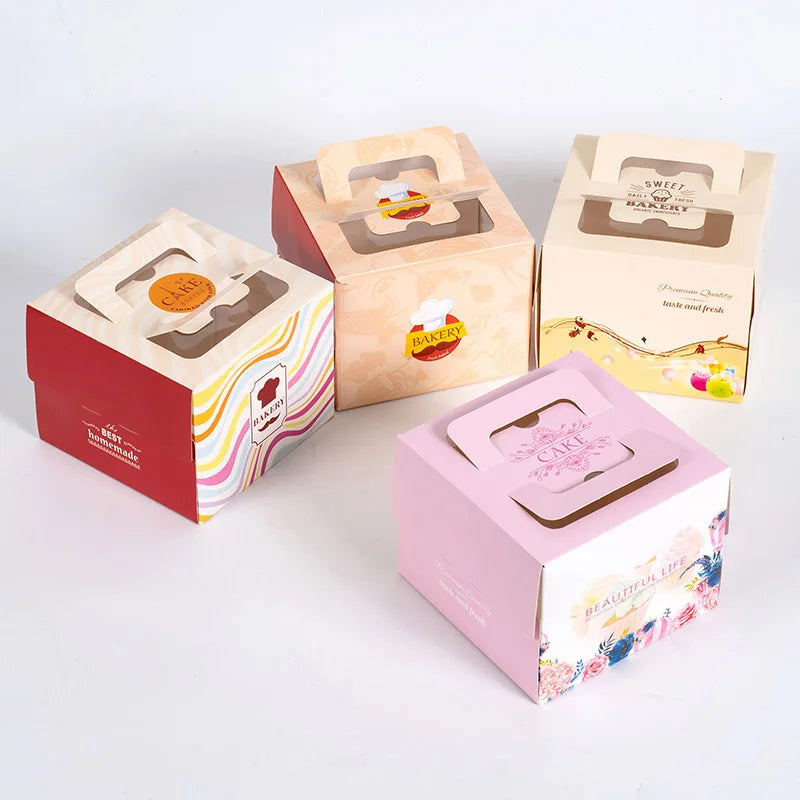 XJH 4 Inch Portable Corrugated Board Food Packaging Box for Birthday Cake Sushi West Point Baking Small Window Mousse Window
