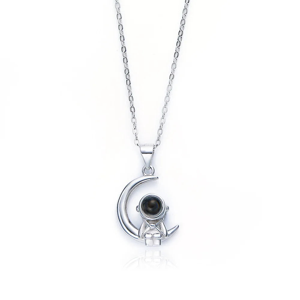 Romantic Gift for Women S925 Silver Sterling 100 Different Languages I LOVE YOU Moon Necklace Astronaut Projection Necklace