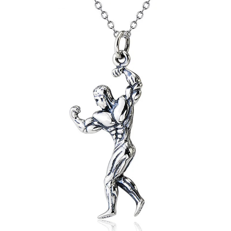 Fine Jewelry 925 Sterling Silver Fitness Muscle Men Pendant Necklace for Gym Sport