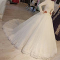 2023 Wholesale Satin Ivory White Arabic Muslim Wedding Dresses for Women Long Sleeve Lace Long Tail Big Train Plus Size Crystal
