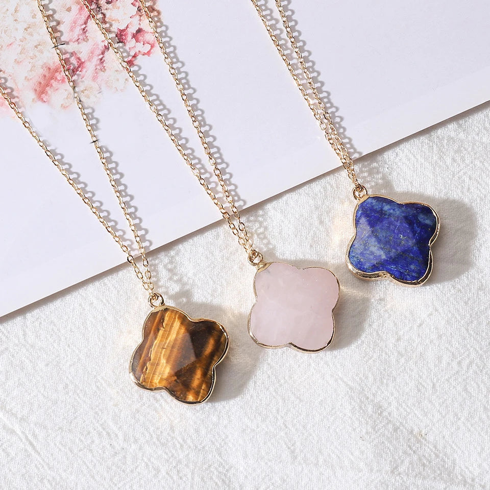 Stainless Steel Chains Feng Shui Lucky Jade Stone Natural Gemstone Crystal Four Leaf Clover Necklace for Women Men