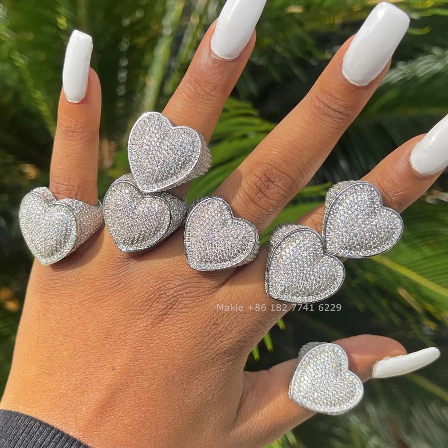 Luxury  Iced Out CZ Gold Big Heart Ring  White Hip Hop 18k Gold Silver Plated Women Heart Rings