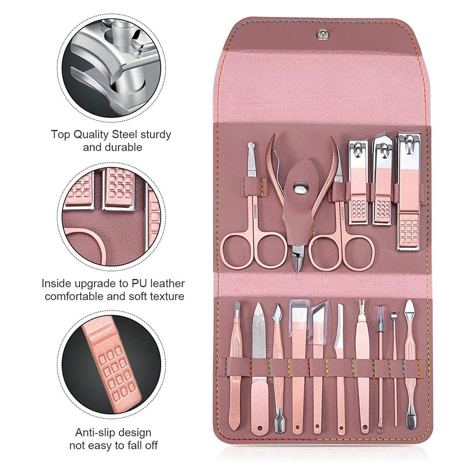 16-Piece Stainless Steel Nail Care Manicure Pedicure Instrument Set PU Beauty Tool Kit for Personal Care and Nail Art MegaBDM