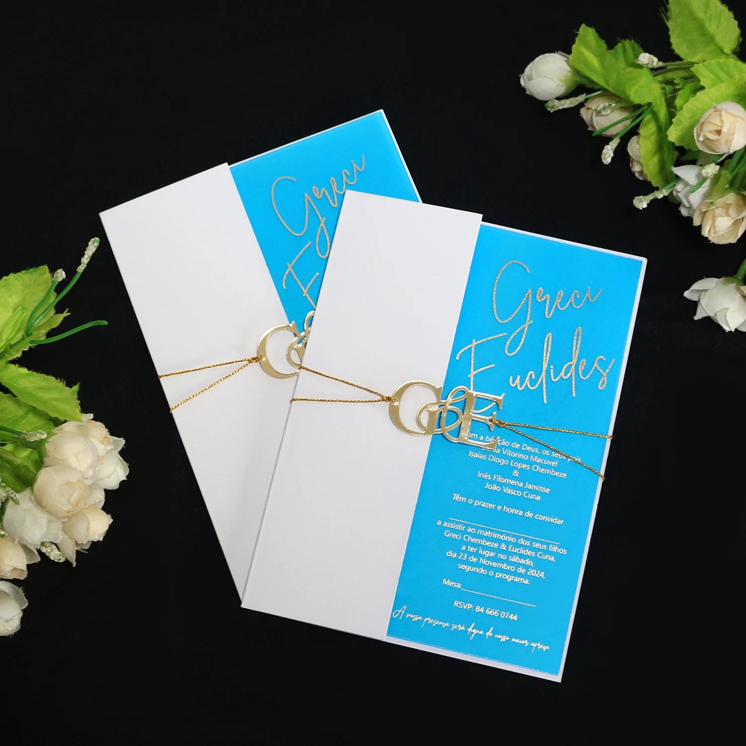 Chic Custom Gold Mirror Initials Tag Jacket Transparent Neon Powderblue Acrylic Invitation for Wedding Boy Birthday