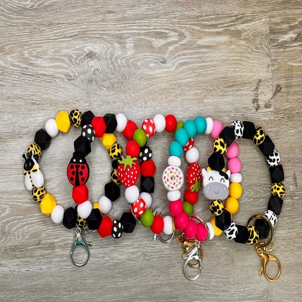 Personalized Custom Cute Animal Fruit Cartoon Women's Bracelet Color Leopard Print Silicone Beads Wristlet Keychain