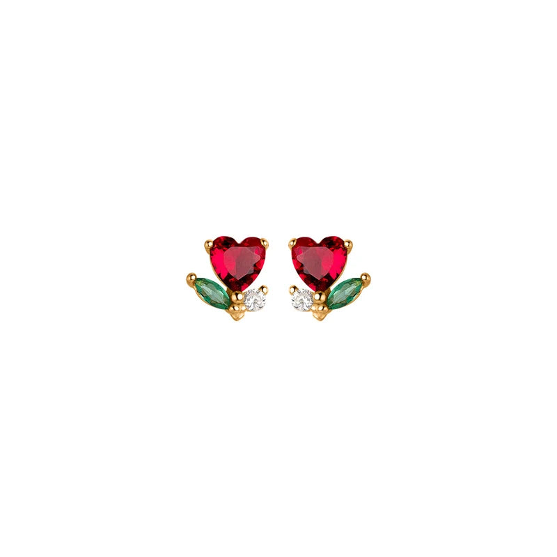 925 Sterling Silver Sweet Beauty Style Red CZ Zircon Love Heart Tulip Flower Stud Earrings for Women