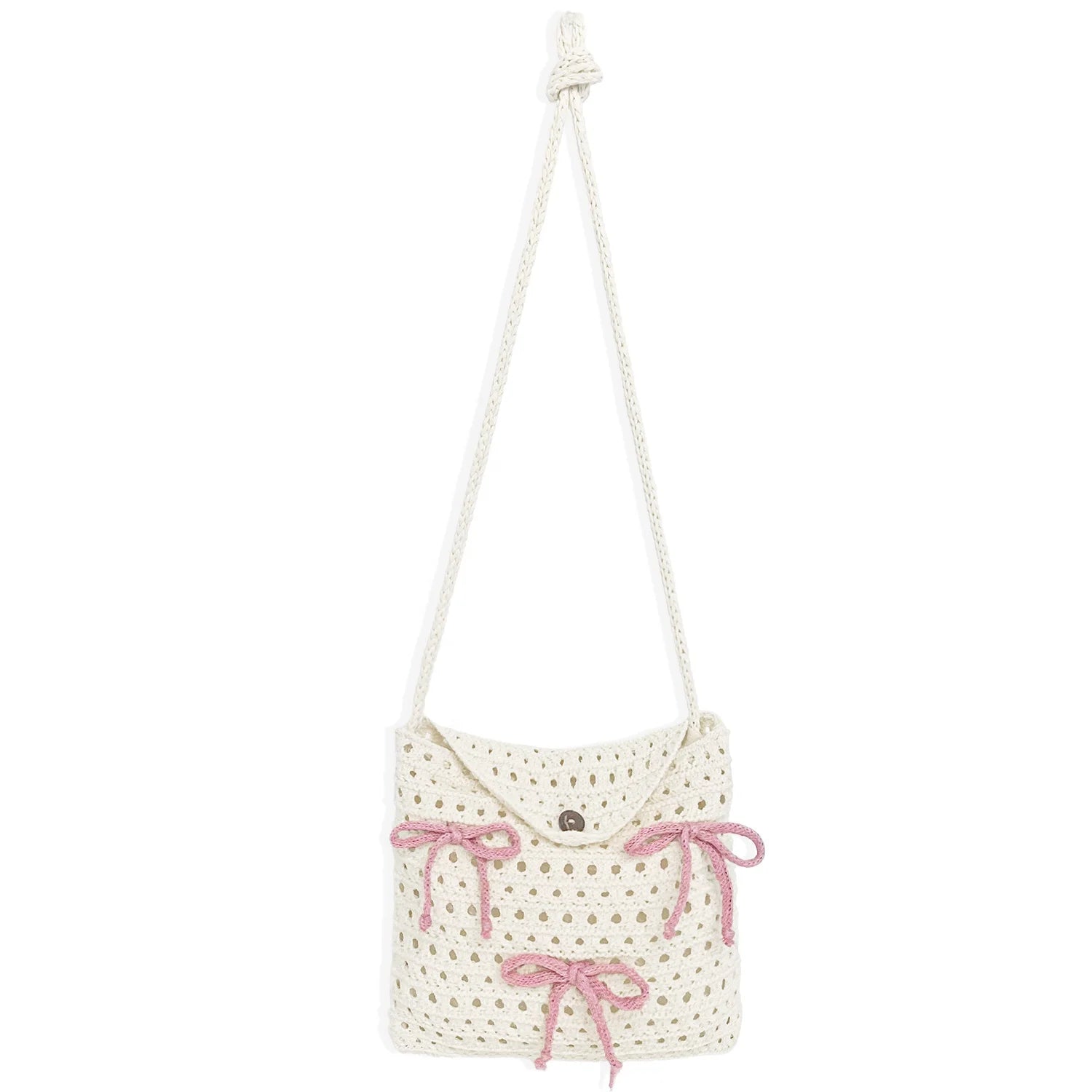 2024 Ballet Style Women's Portable Knitted Polyester Messenger Crossbody Bag with Baby /Blue Bows Hollow Design Customizable