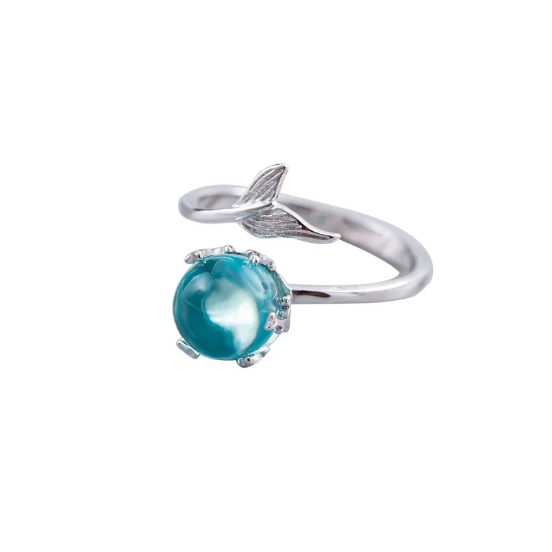 Fashion 925 Sterling Silver Mermaid  Ring for Women Statement Ring Blue Ocean Stone Little Mermaid Jewelry