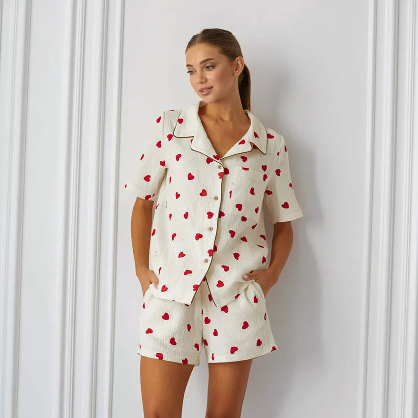 Sleepwear for Women Love Print Loungewear Set Cotton Pajamas Set Summer Pyjamas Set for Woman
