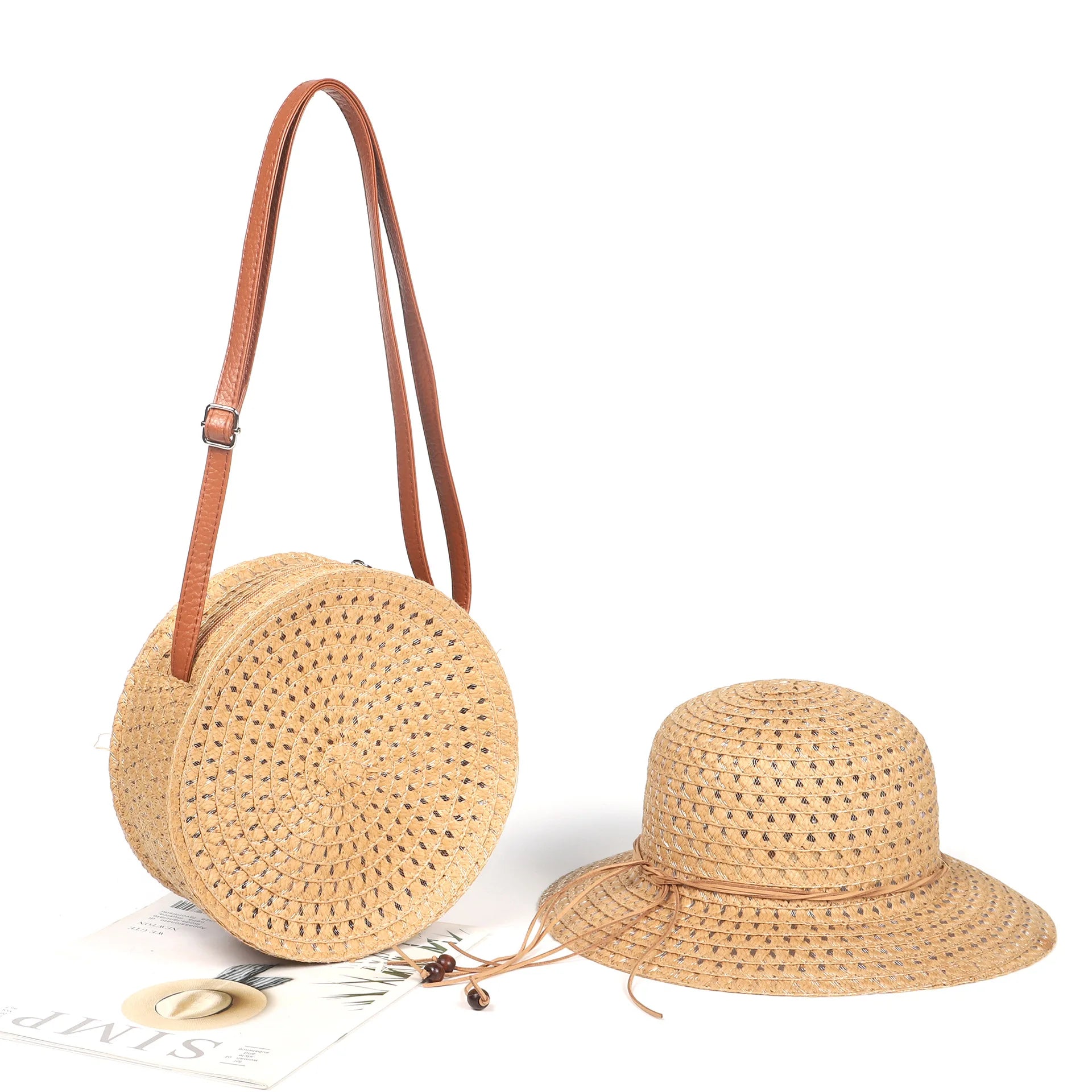 Fashion Chic UPF 50+Sun Protection Beach Hat with Bag Tote Bag Sun Cloche Floppy Straw Hats and Bag Purse and Hat Sets Women