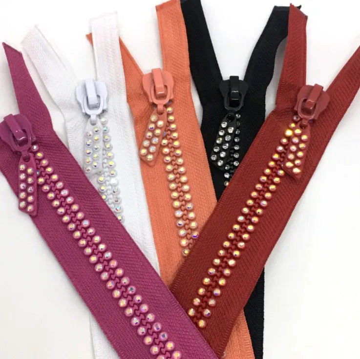 Wholesale AB Color Double Row Open End Fashion Zipper #10 Diamond Resin with Custom Logo Plastic Material for Clothing