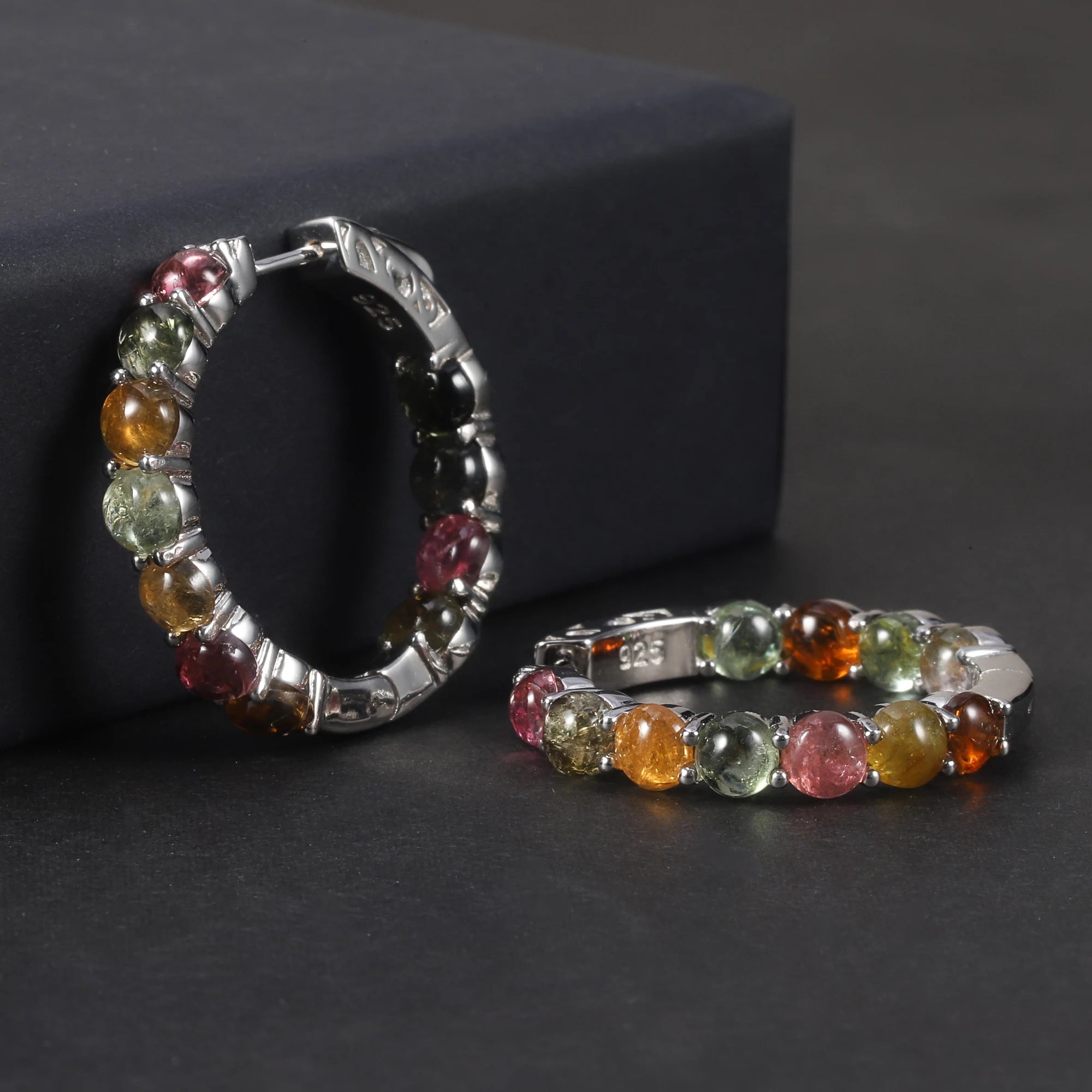 RZ0236 Abiding Custom Fine Jewelry Round Tourmaline Natural Colorful Gem Stone 925 Sterling Silver Round Hoop Earring