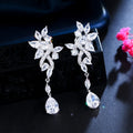 Fashion Cubic Zirconia Paved Setting White Silvery Leaves Teardrop Long Dangle Drop Earrings for Women Wedding Bridal Jewelry