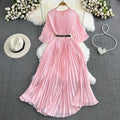 Premium Long Sleeve Round Neck Waist Pleated Hem Long Casual Dresses