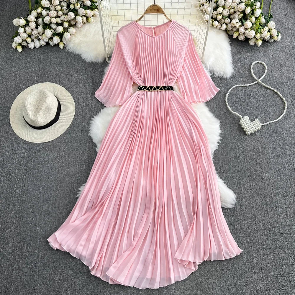 Premium Long Sleeve Round Neck Waist Pleated Hem Long Casual Dresses