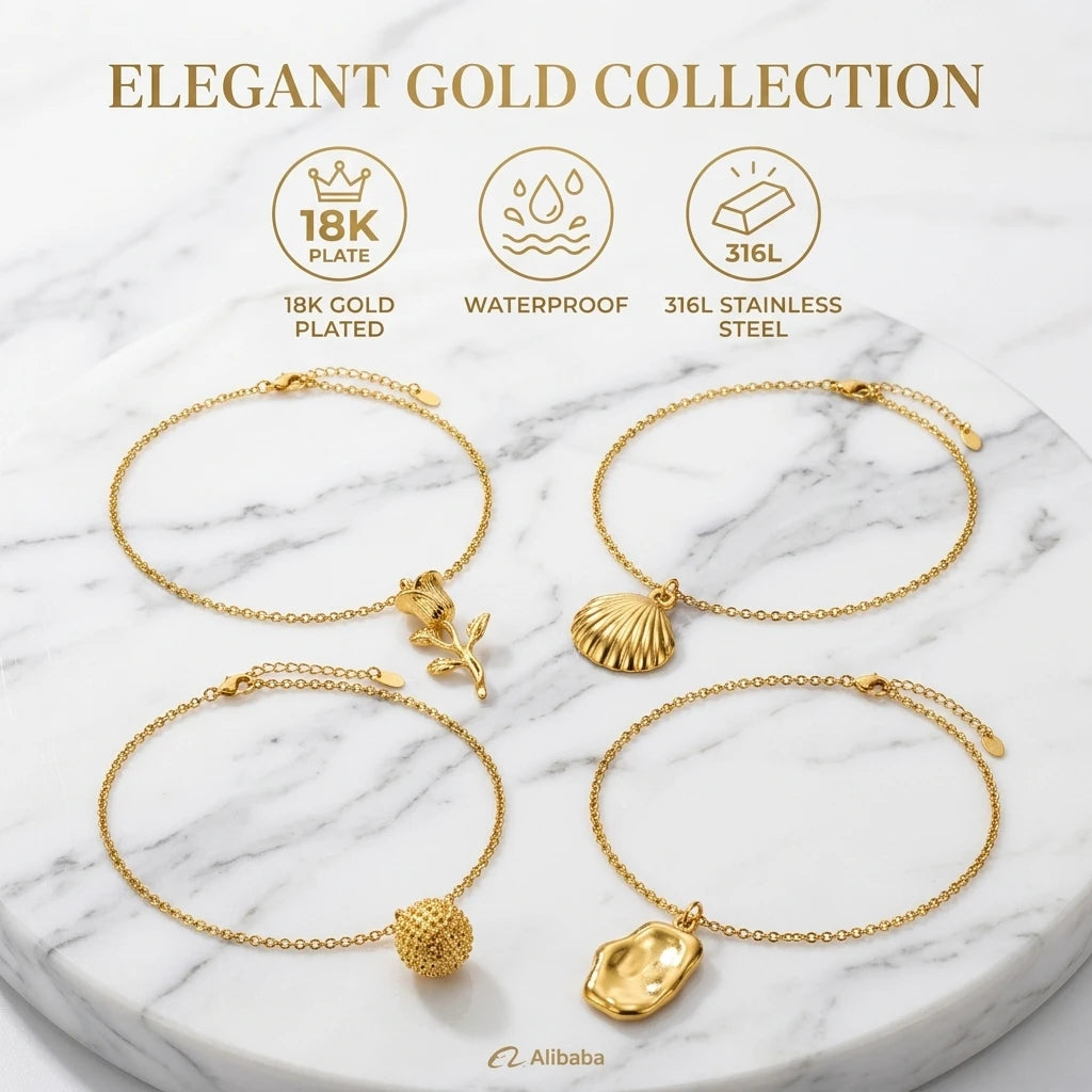 Waterproof 18K Gold Plated Rose Pendant Necklace 316L Stainless Steel Non-tarnish Clavicle Chain