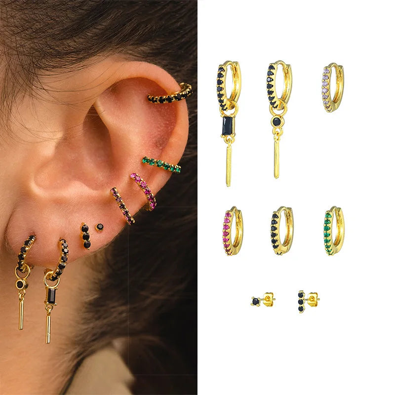8Pcs Black Sapphire Stud Earrings Coloured Gem Earring Hypoallergenic Stud Earrings Set