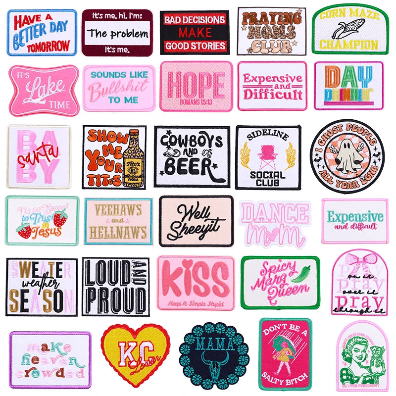 Wholesale Slogan Cartoon Iron-on Embroidery Patches for Clothing Positive Word Clothes Accessories Custom Logo Badges Sewing
