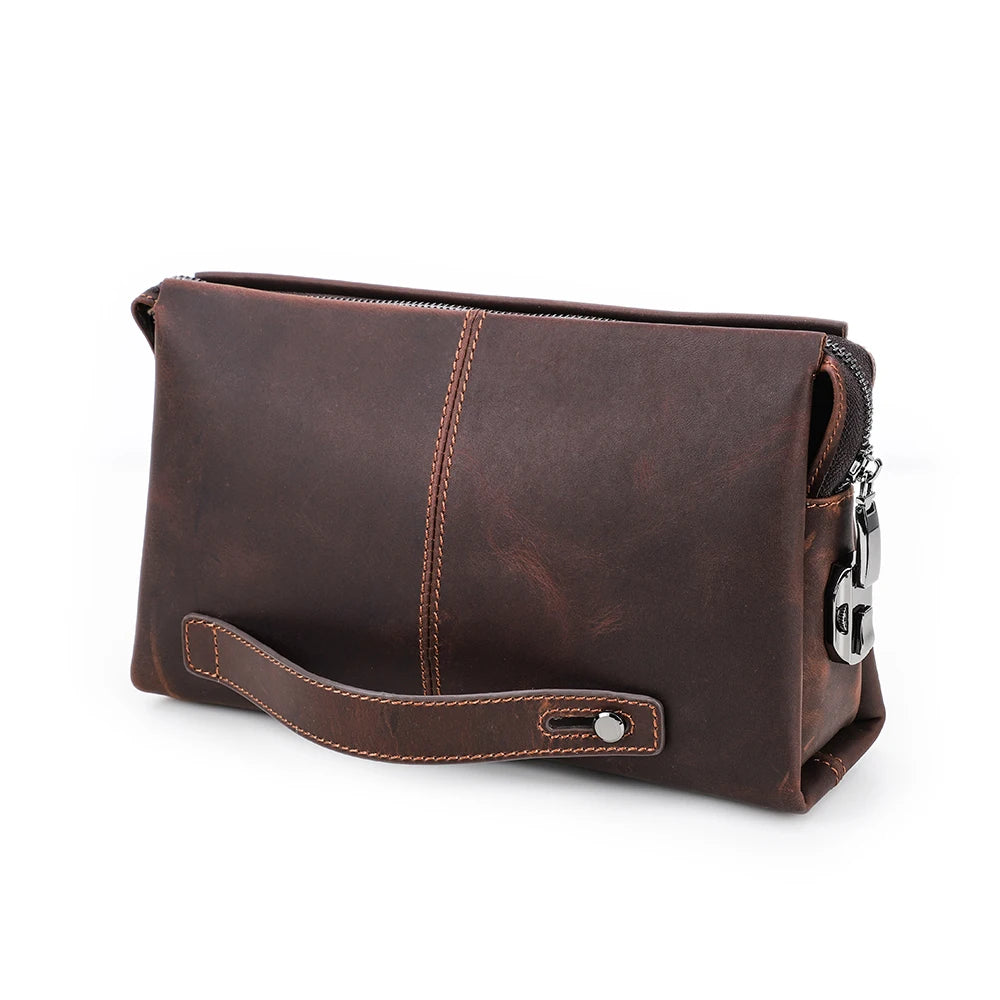 Contact's Anti-Theft Crazy Horse Leather Clutch Bag for Mens Vintage Clutch Handbag Purse Multi-Compartment Coded Lock Bag