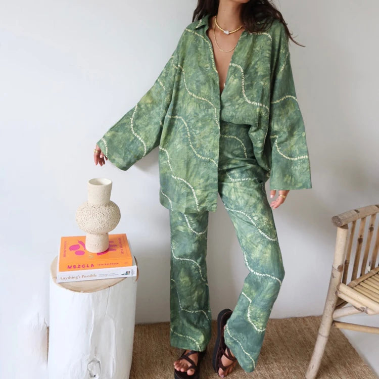 Casual Fashionable V Neck Hidden Buttoned Top Zip-Up Trouser Suits Spring Summer Printed Two Piece Women's Pants And Shirt Set