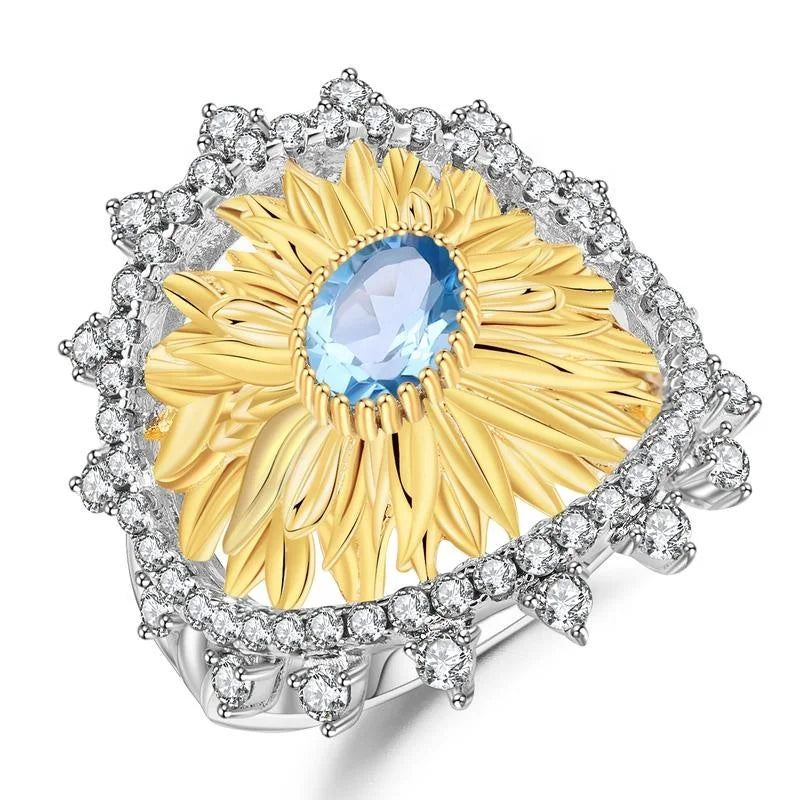 C7614 Abiding Natural Swiss Blue Topaz Sterling Silver Gold Pated Sunflower Wholesale Fashion Thailand Style Women Ring Jewelry