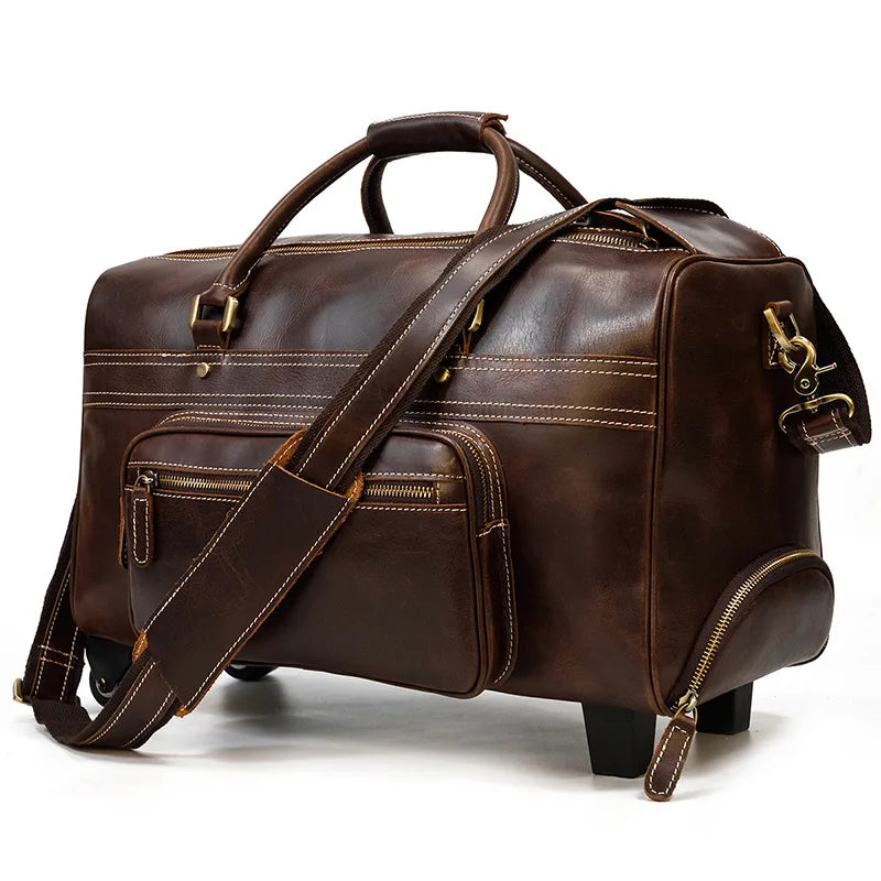 Customized Solid Genuine Leather Trolley Bag Travel Luggage Full Grain Cowhide Wheeled Rolling Duffel Bag for Men
