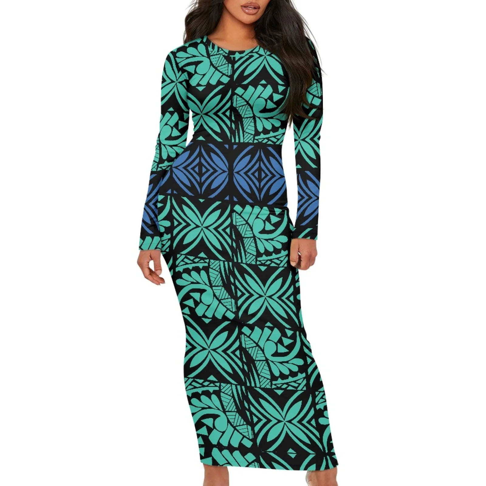 2025 Latest Green Flowers Hawaiian Polynesian Custom Long Sleeve Maxi Dress Womens Bodycon Sweater Dress Knitted Weaving ODM