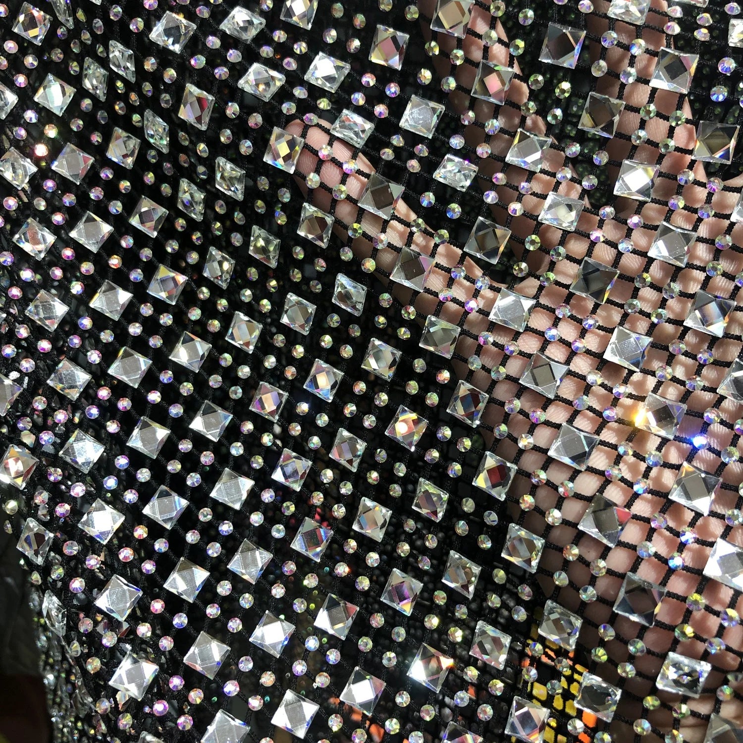 Haute Crystals Rhinestone Square Diamonds Rhinestone Beaded Mesh Fabric