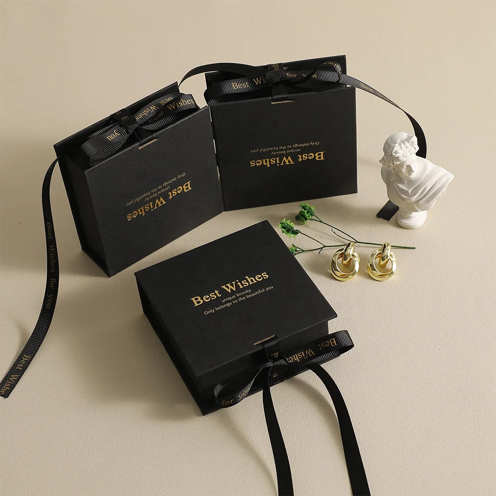 PUPPYSEW 9.5*9.3*3.5cm Black Luxury Bracelet  Necklace Flap Jewelry Boxes with Roibbon  Cardboard Jewelry Boxes with Foil  logo