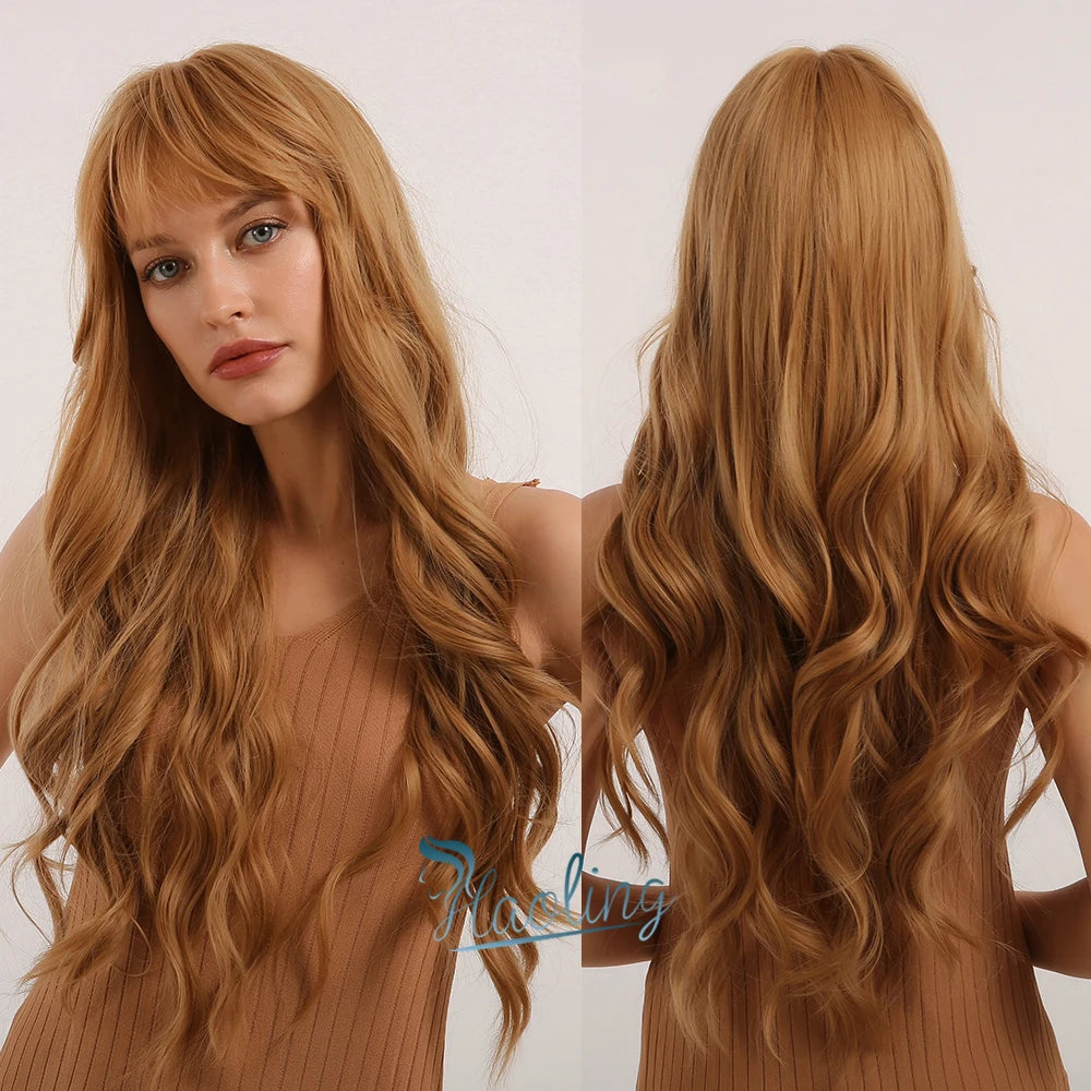 Fast Delivery Body Wave Curly Golden Blonde Wig Bangs Synthetic Wig for Black Women Afro Highlight 613 Wigs Glueless Fiber Hair