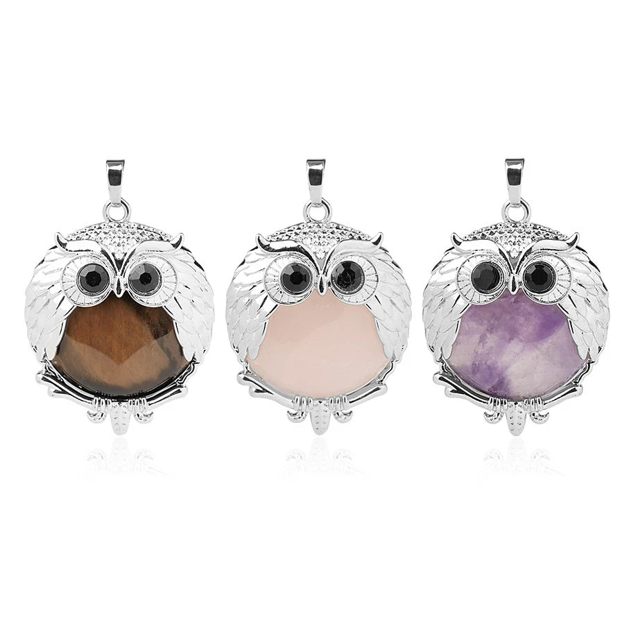 Hot Sale Assorted Natural Crystal Gemstone Owl Pendant Animal Necklace Jewelry