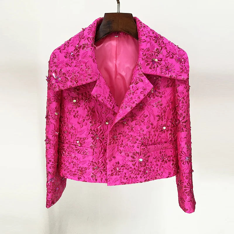 Factory Wholesale Newest 2023 Star Style Designer Blazer Women's Beaded Floral Jacquard Trimmed Jacket