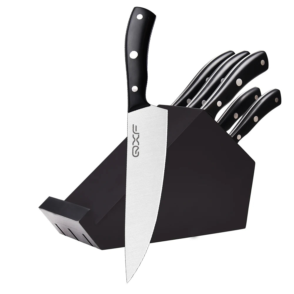QXF 6 Pieces Full Tang Design Ergonomic Handle Cheap Kitchen Knife Set With Wood Block