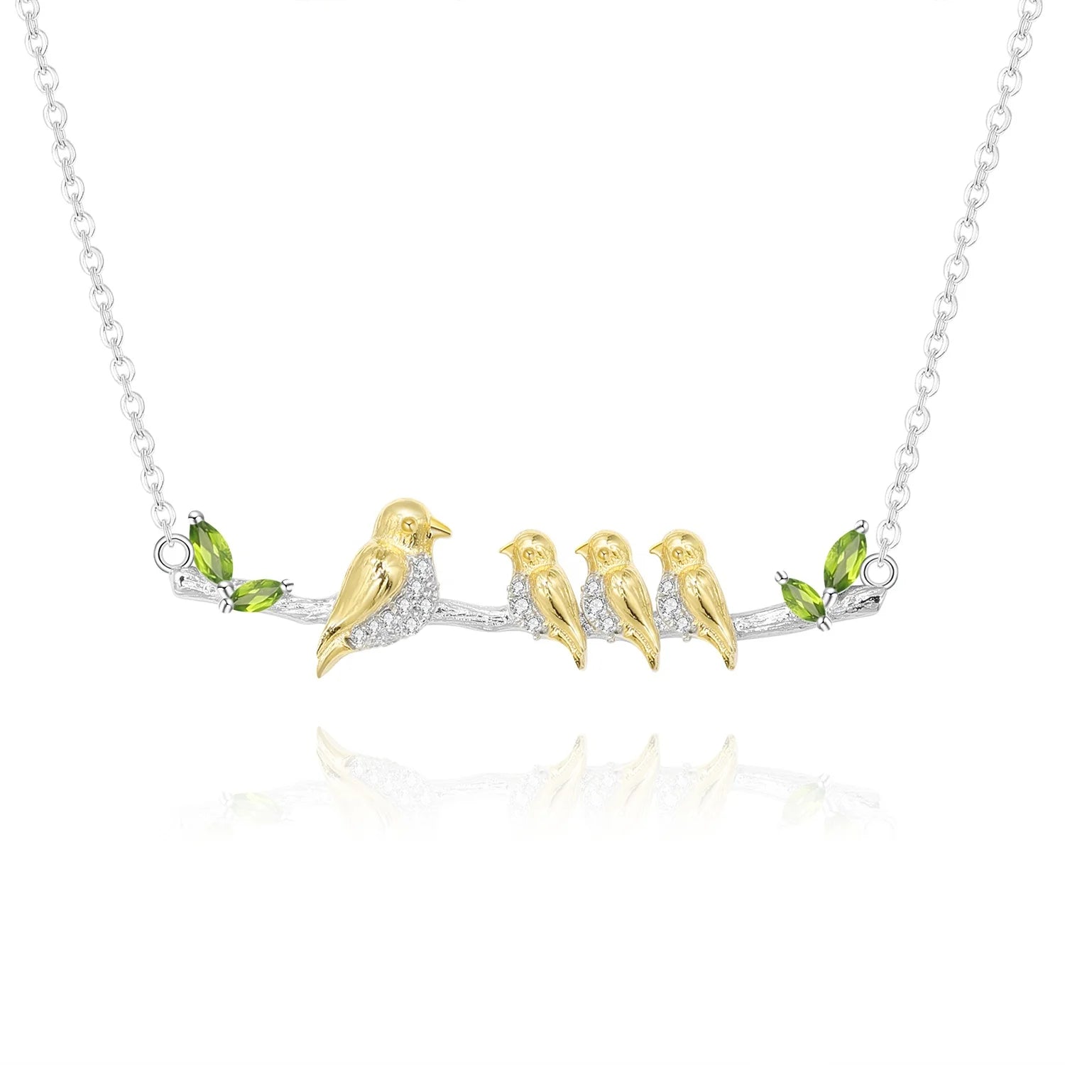OEM ODM Latest Design New Trend Chrome Diopside Leaf Four Gold Plated Birds 925 Sterling Silver Necklace for Mom and Kid