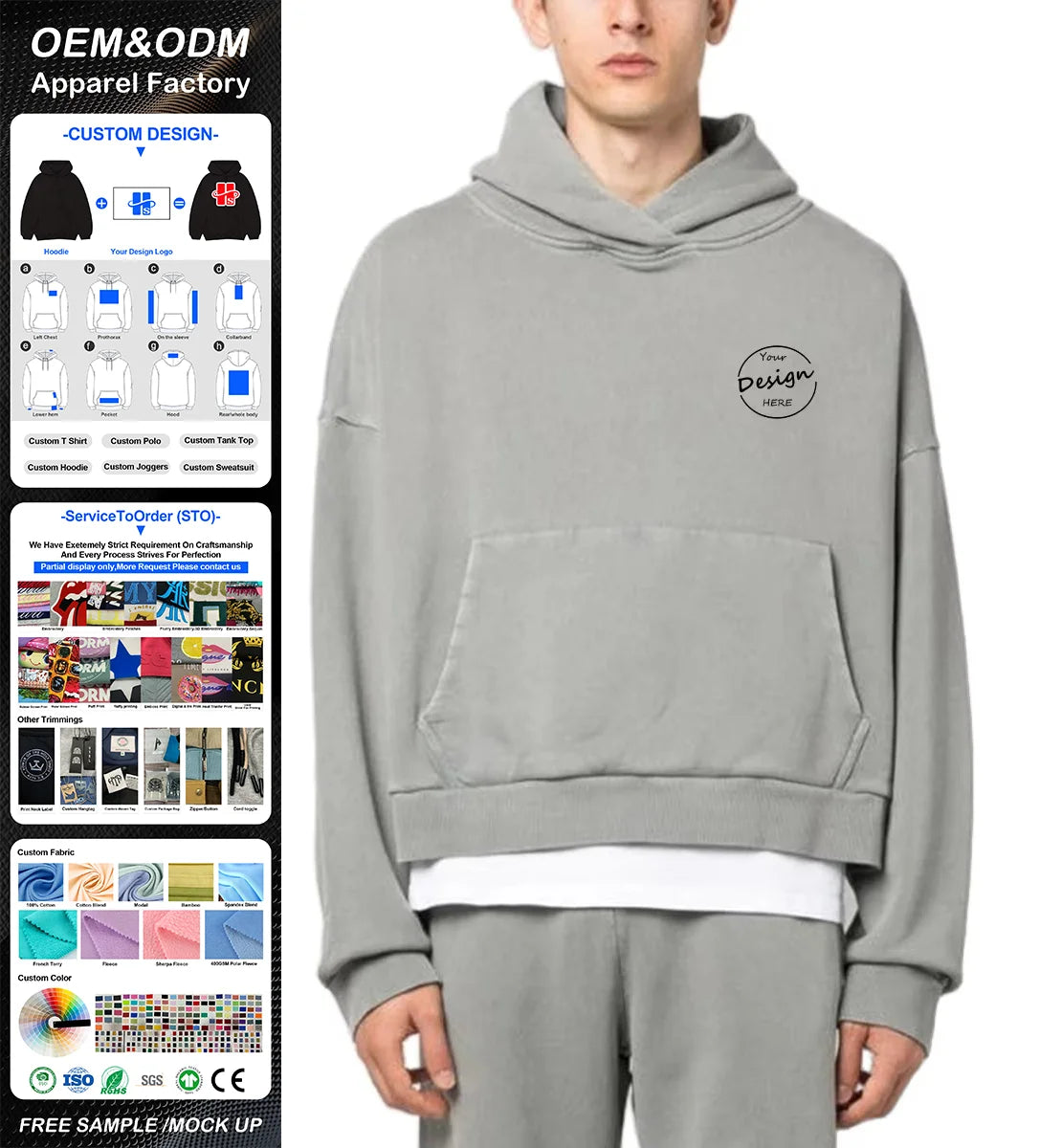 French Terry Vintage Wash Hoodie Men 100% Cotton Oversized Drop Shoulder Cropped Hoodie Streetwear Pullover Hoodies for Men