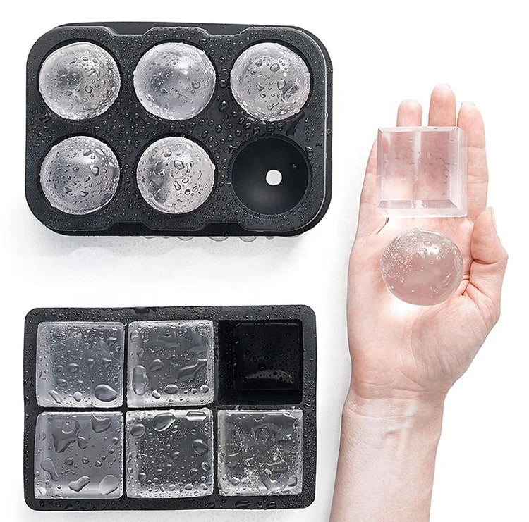6 Holes Food Grade Ice Ball Mold No Spill Ice Cube Tray Round Square Silicone Ice Ball Maker for Whiskey