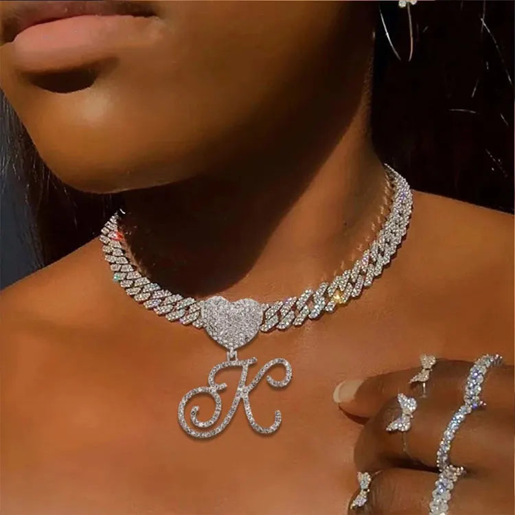 SC Fashion Hip Hop Full Diamond Cursive Initial Heart Pendant Necklace Men Iced Out Zircon Cuban Chain Choker Necklace Women
