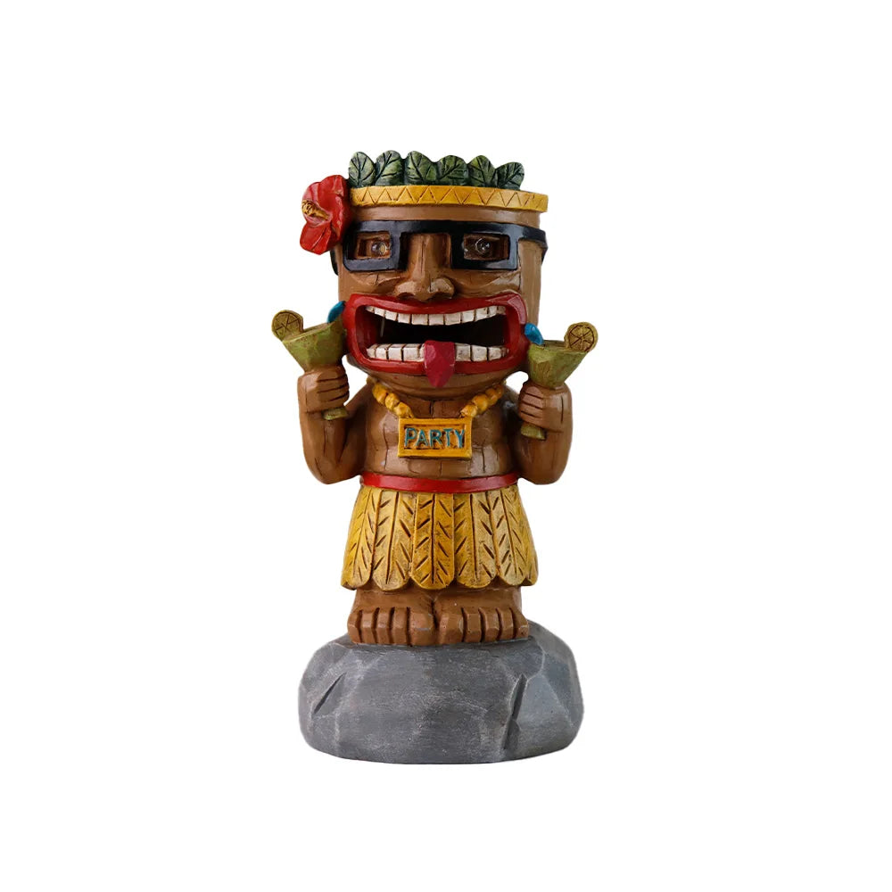 Party Tiki Man Statue on Rock Base Resin Tiki Figurine with LED Eyes for Bar Decor