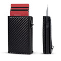 Trendy Short RFID Blocking Carbon Fiber Automatic Card Slots Zipper Pocket PU Leather Aluminum Cover Unisex Convenient Closure