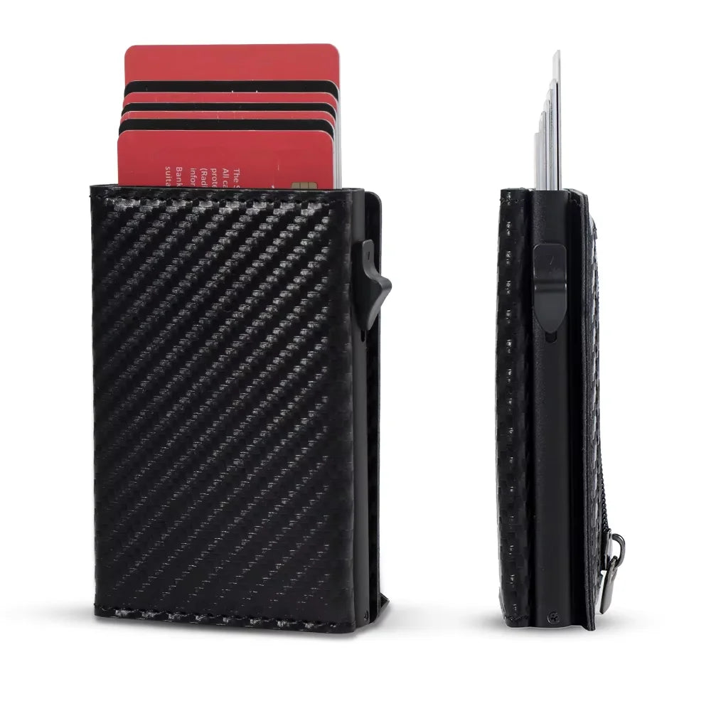 Trendy Short RFID Blocking Carbon Fiber Automatic Card Slots Zipper Pocket PU Leather Aluminum Cover Unisex Convenient Closure