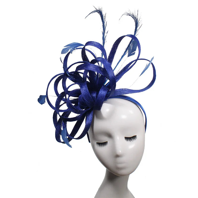 ABPF Navy Blue Bowknot Sinamay Feather Fascinators for Women Royal Wedding Hats