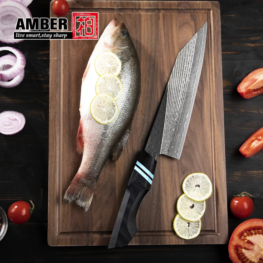 Manufacturer CNC Hollow Stripes Curved Blade 67 Layers Vg10 Damascus Steel Kitchen Knife with G10 Handle