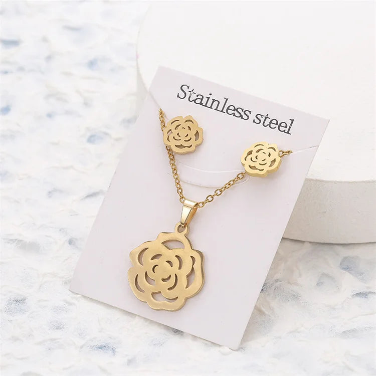 Wholesale No Fade Stainless Steel Gold Plated Butterfly Animal Flower Earring Necklace Jewelry Set