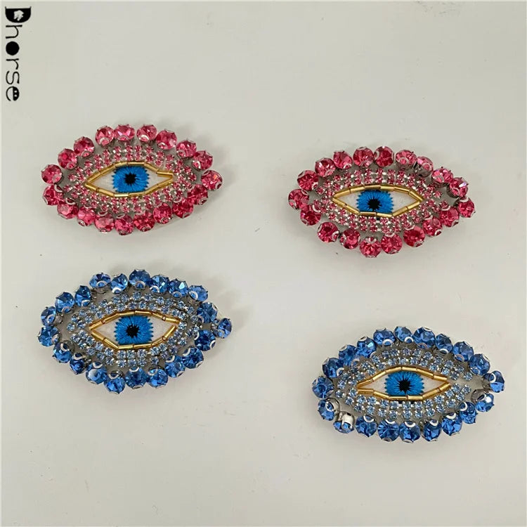 Sparkling 5.5*3.5cm Handmade Eye Design Appliqued Sew-On Resin Rhinestone Beaded Crystal Patch for Hat