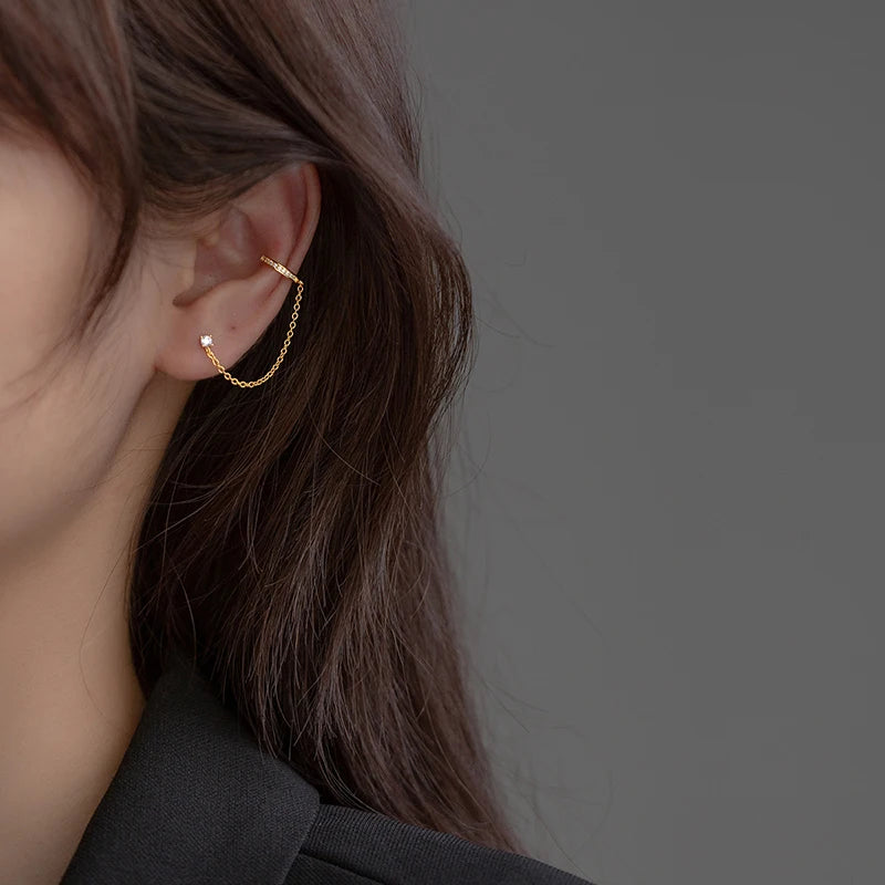 Custom Korean Unique 925 Sterling Silver Women's Party Jewelry Gold Plated Sweet Chain Single Zircon Stud Earrings Trendy Style