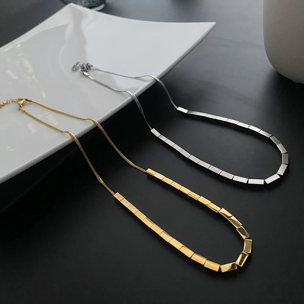 Dainty 18K Gold Plated Square Charm Necklace With Women Adjustable Stainless Steel Herringbone Chain Necklace