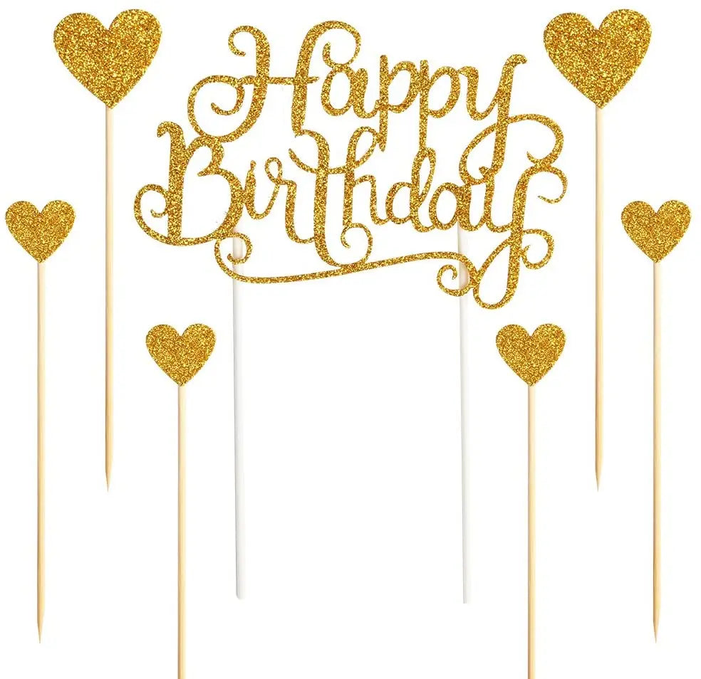 Set of 7  Happy Birthday Cake Toppers Gold Glitter Letters Happy Birthday and Love StarParty Decor Decorations XQ279