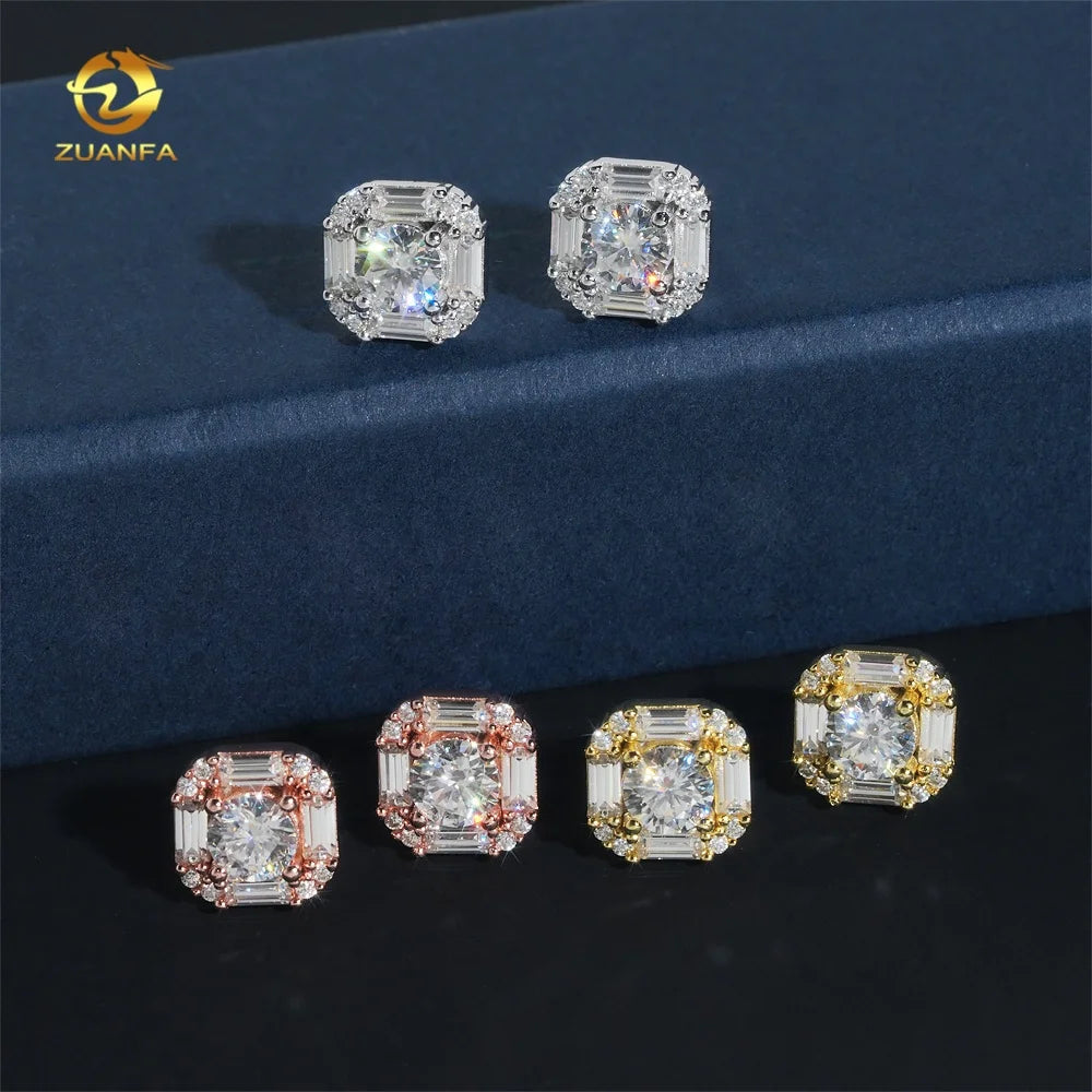 Hip Hop Jewelry Bling Diamond Stud 925 Sterling Silver Iced Out Baguette Moissanite Men Earrings
