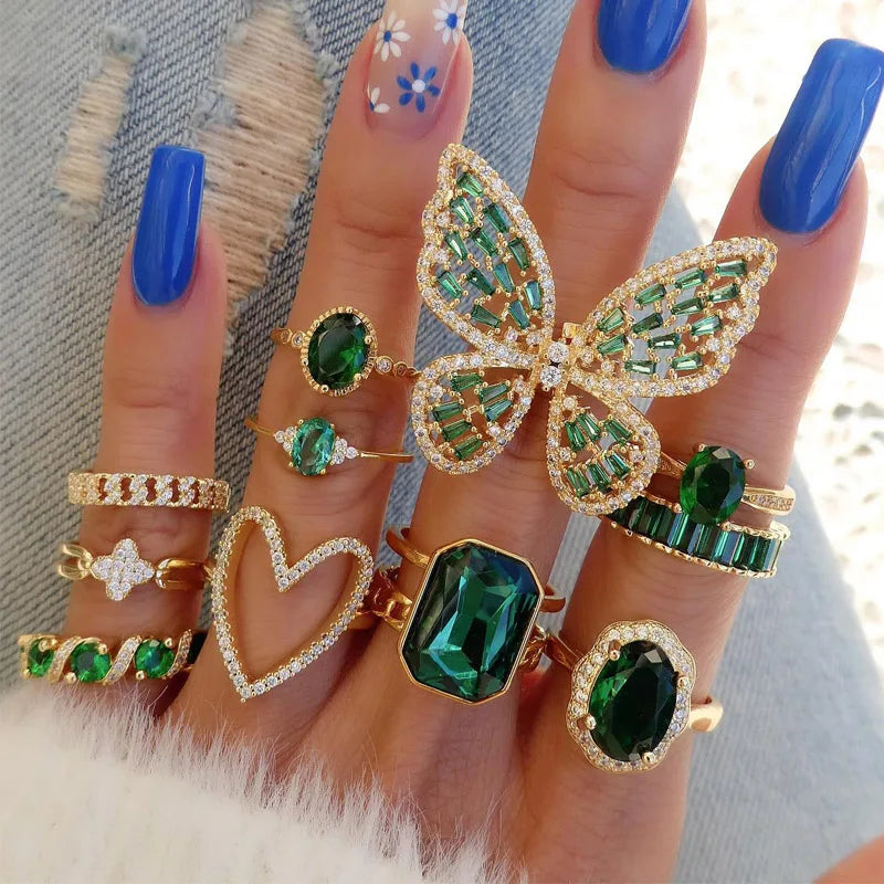 Wholesale Green Cz Open Rings Lab Grown Diamond Wedding Band Emerald Zircon Ring Jewelry Fashion Cheap butterfly Ring