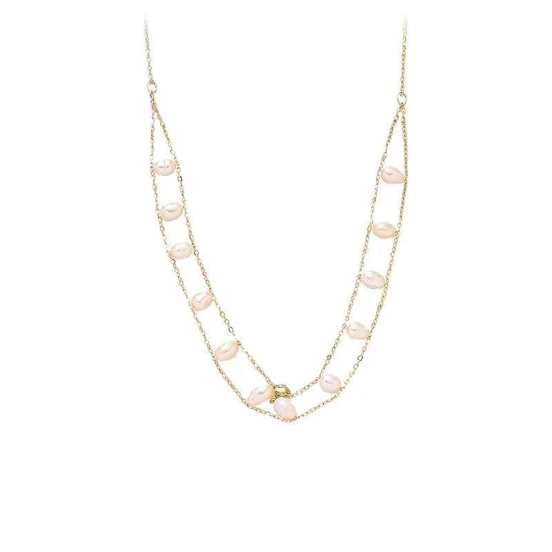QiuHan Dainty Double Layer Girls Necklace and Bracelet Freshwater Pearl Jewelry Set for Gift Party